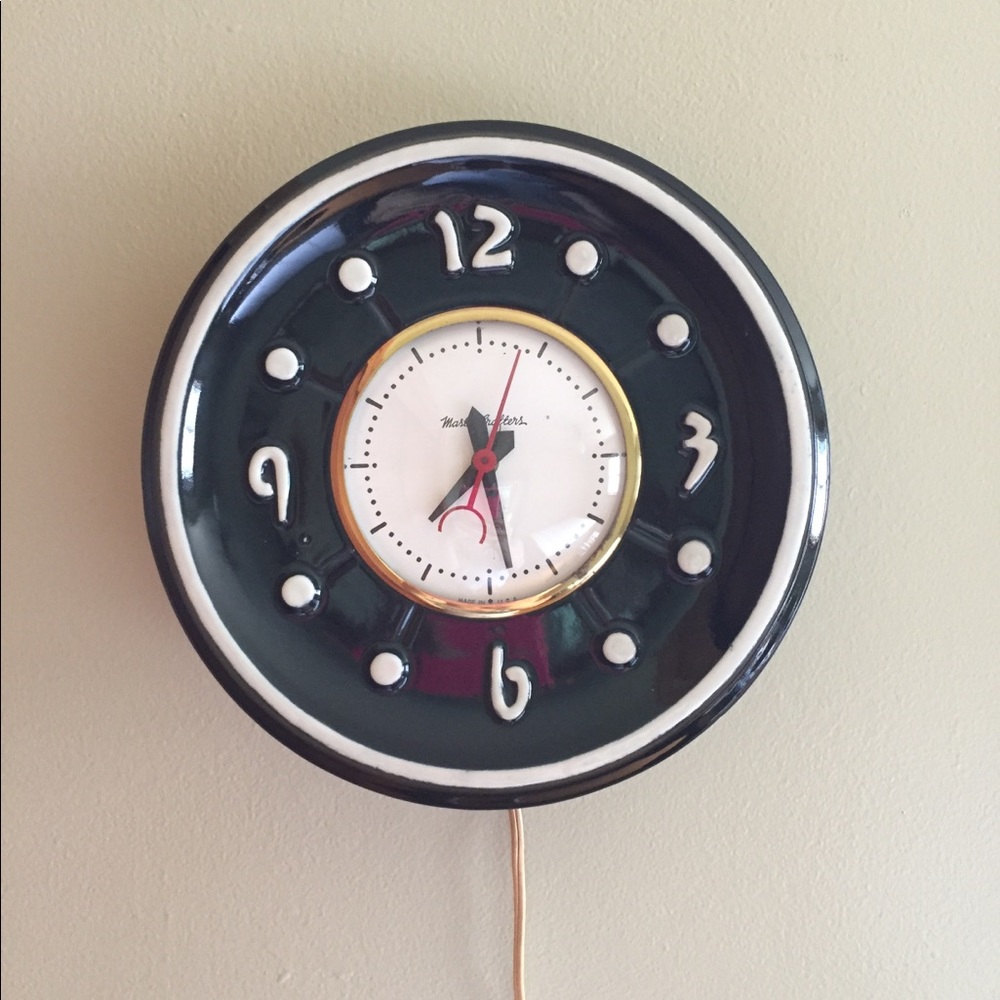 WORKING Mid-Century Ceramic Black Wall/Desk Clock